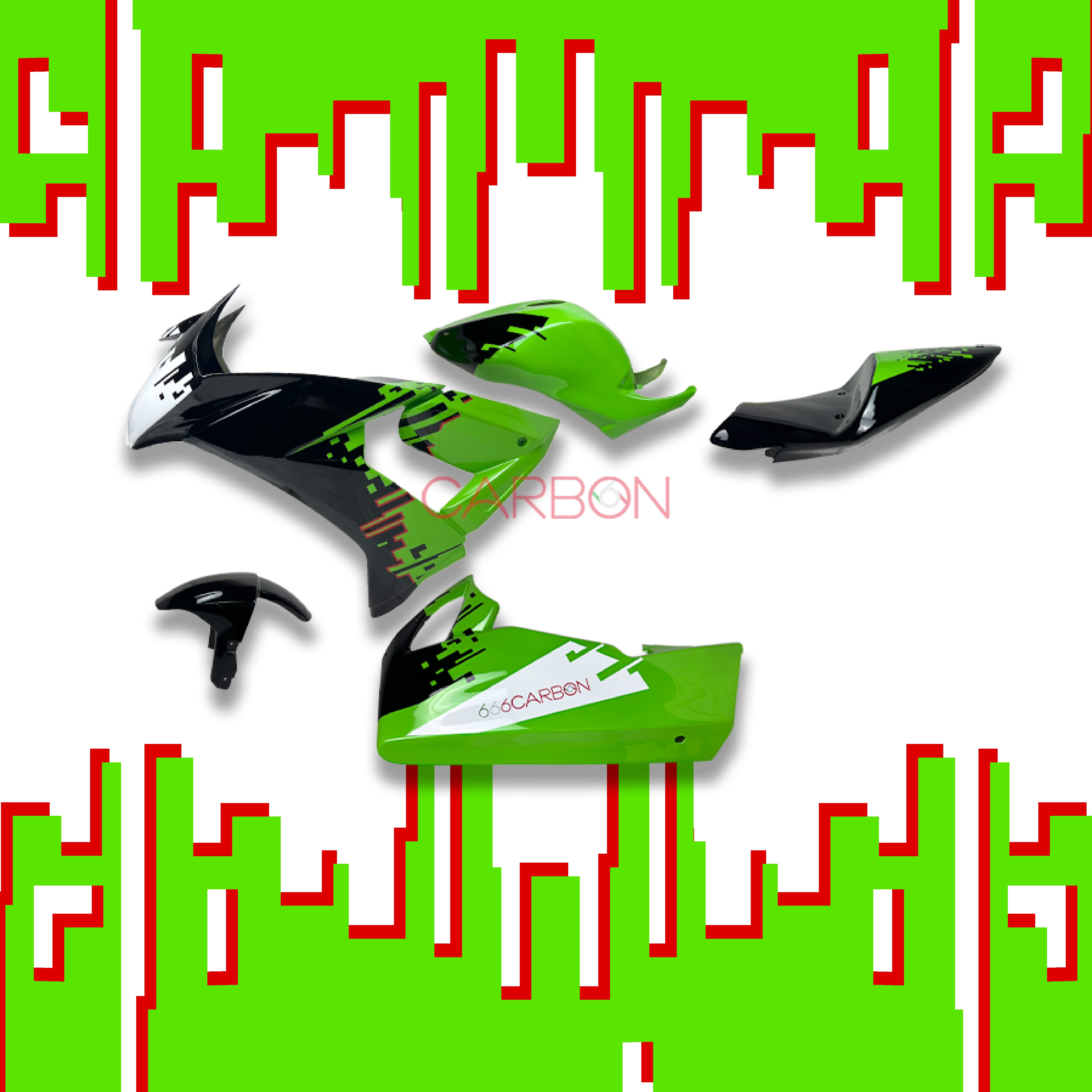 KOMPLETTES RENNENVERKLEIDUNGS-KIT IN SIXFIBER-LACKIERTER OFFIZIELLER GRAFIK 666CARBONGRÜN FÜR KAWASAKI ZX-10 R 2008-2010
