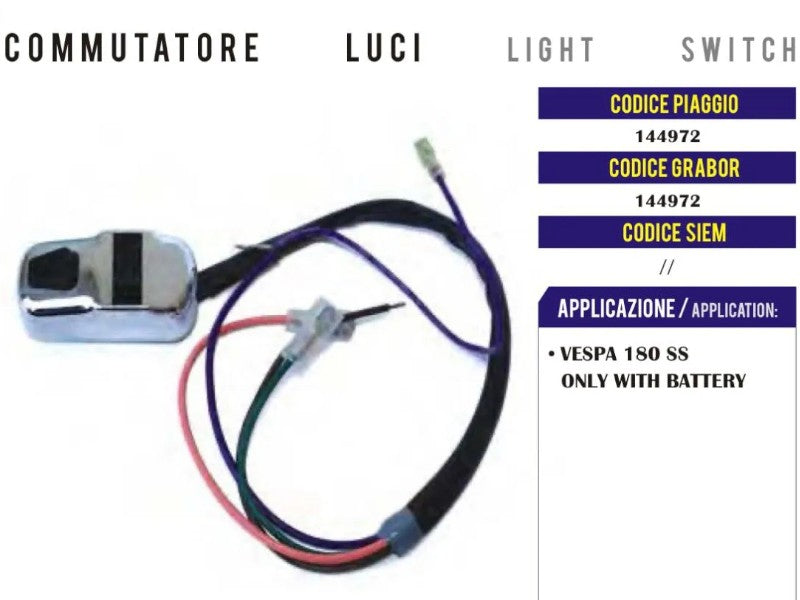 144972 Commutatore Interruttore Devio Luci per Piaggio Vespa 180 SS con Batteria