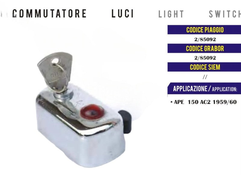 Commutatore Luci a Chiave Piaggio Ape 150 AC2 1959/1960