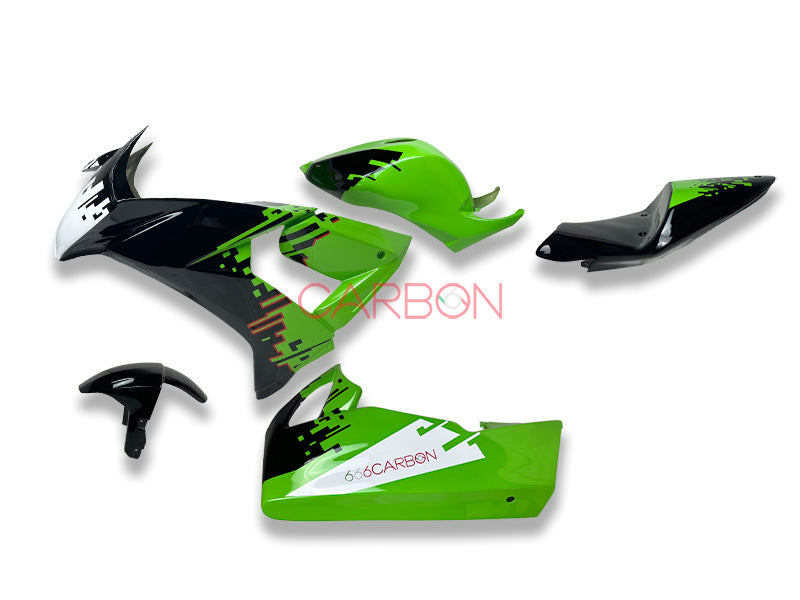 KIT CARENADO RACING COMPLETO EN AVIOFIBRA PINTADO GRÁFICOS OFICIALES 666CARBON VERDE PARA KAWASAKI ZX-10 R 2008-2010